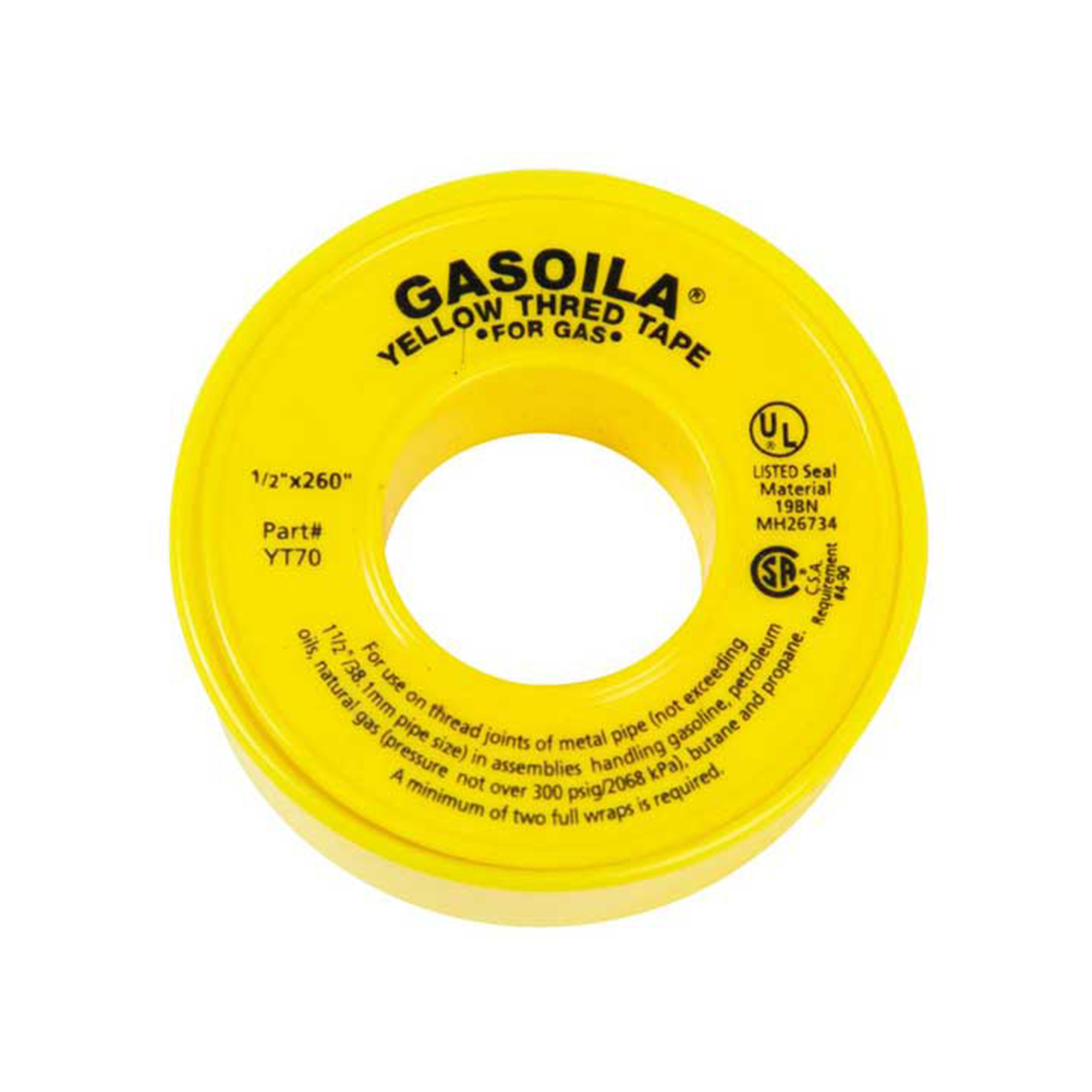 Tub O' Towels ZIP Tape — Yellow Teflon Thread Seal Tape, ½in. x 260in., Gas & Plumbing PTFE Tape, Model# TUBYT70-144